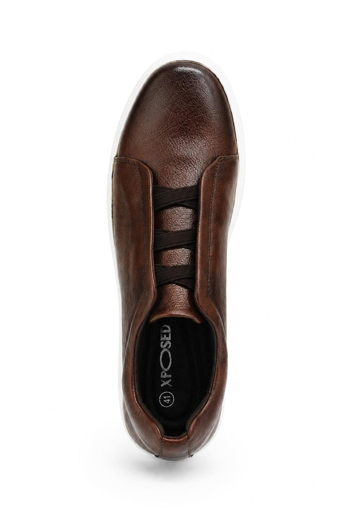 Men’s Coffee Brown Faux Leather Slip-On Trainers