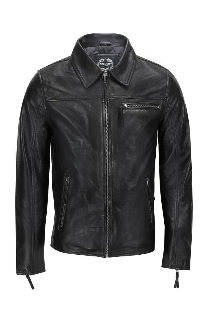 MEN'S COLLAR BIKER LEATHER JACKET IN BLACK