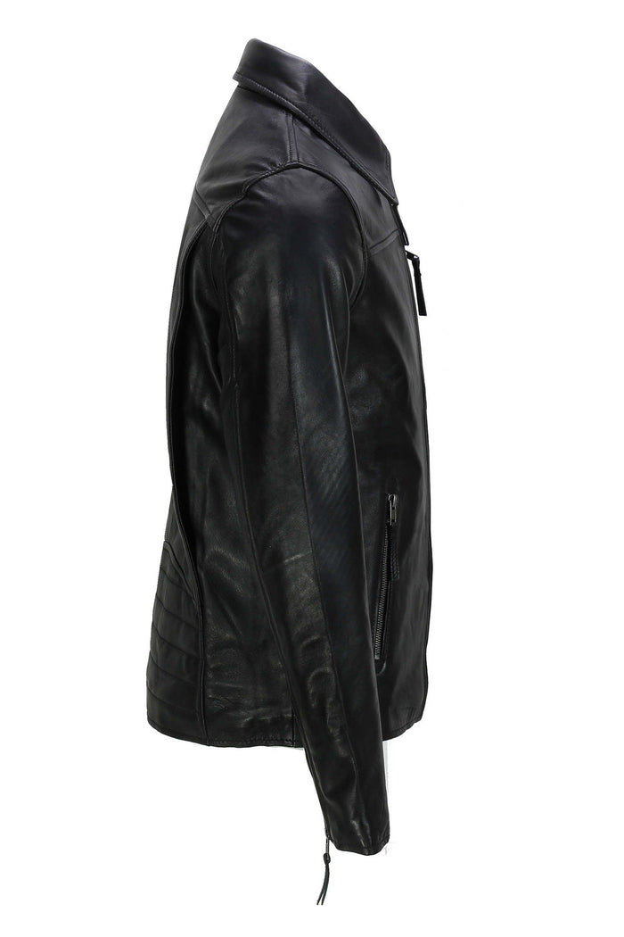 MEN'S COLLAR BIKER LEATHER JACKET IN BLACK