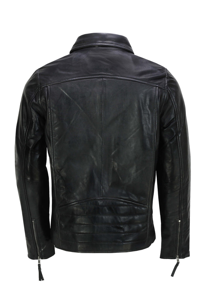 MEN'S COLLAR BIKER LEATHER JACKET IN BLACK
