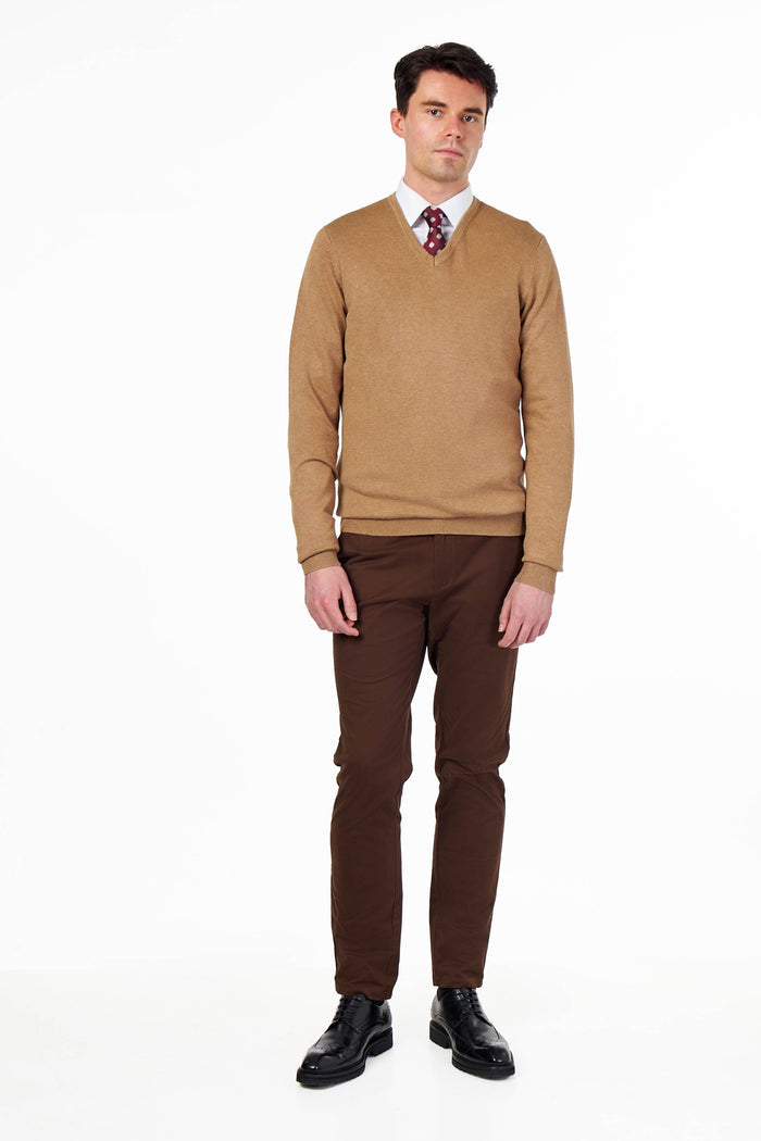 MEN’S COTTON V-NECK CAMEL FINE KNIT LIGHTWEIGHT