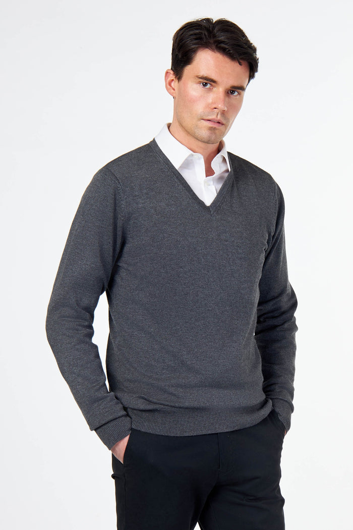 MEN’S COTTON V-NECK CHARCOAL JUMPER FINE KNIT LIGHTWEIGHT