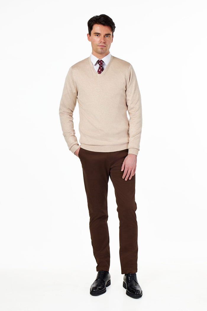 MEN’S COTTON V-NECK CREAM FINE KNIT LIGHTWEIGHT