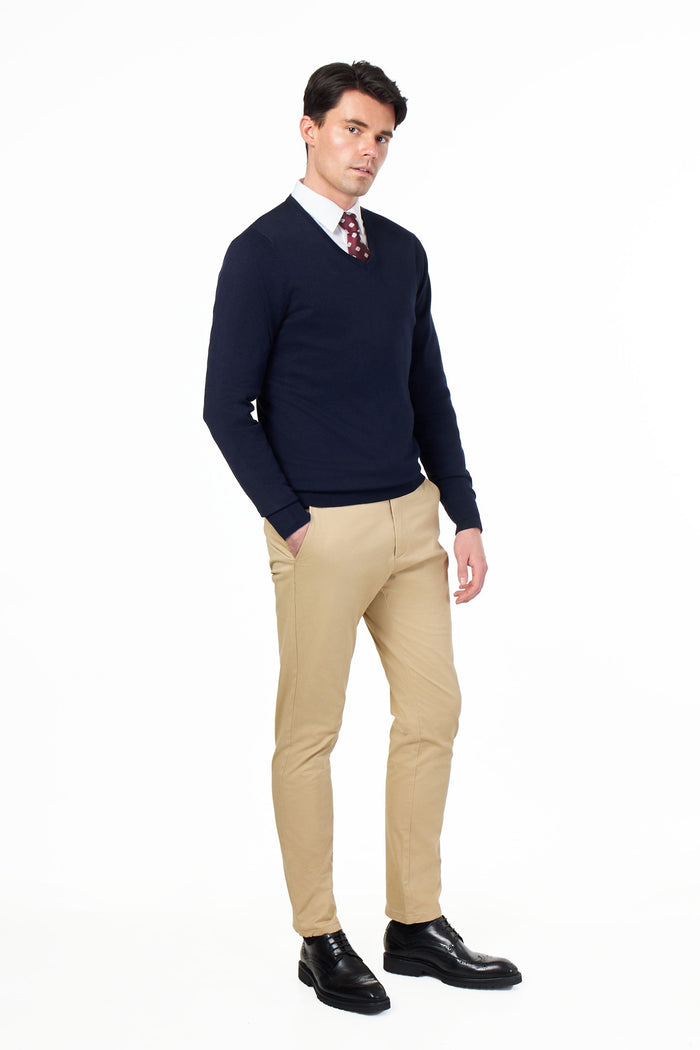 MEN’S COTTON V-NECK NAVY JUMPER FINE KNIT LIGHTWEIGHT
