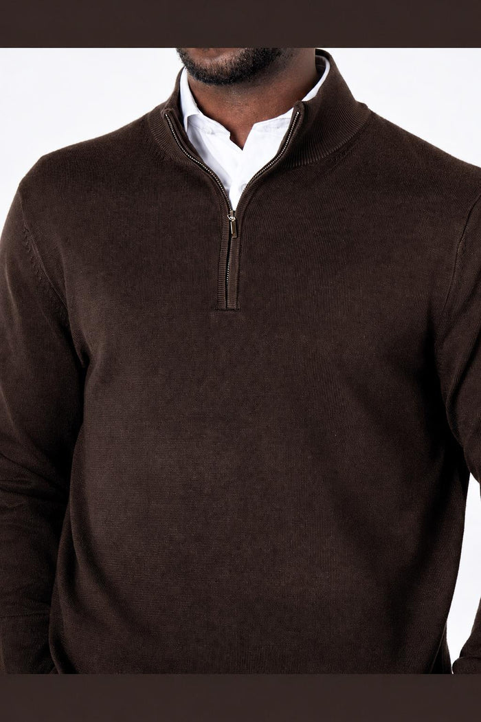 Men's Dark Brown 100% Cotton Fine Knit Quarter Zip Funnel Neck Jumper