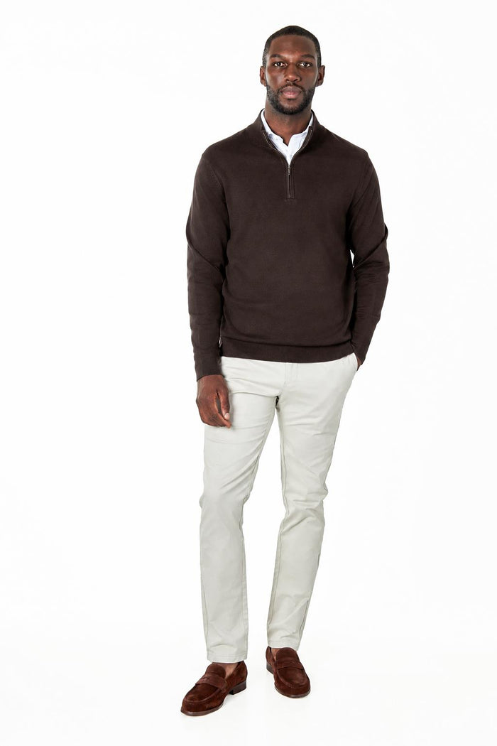 Men's Dark Brown 100% Cotton Fine Knit Quarter Zip Funnel Neck Jumper