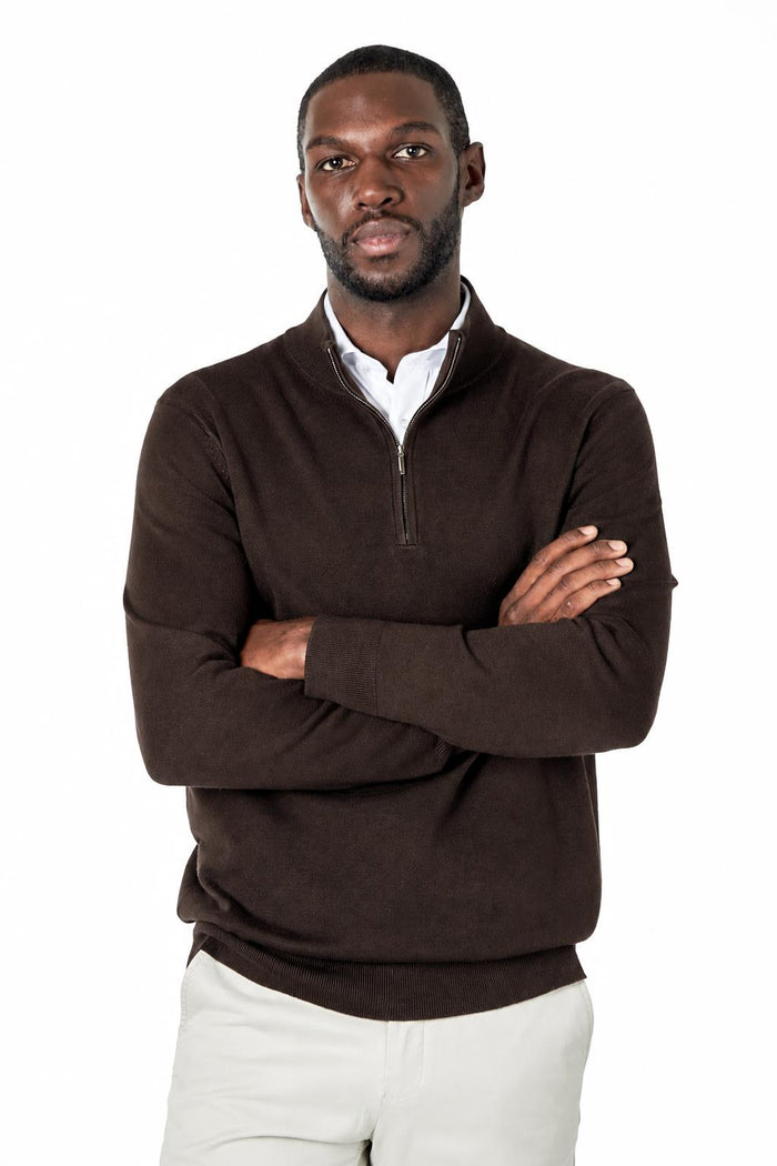 Men's Dark Brown 100% Cotton Fine Knit Quarter Zip Funnel Neck Jumper