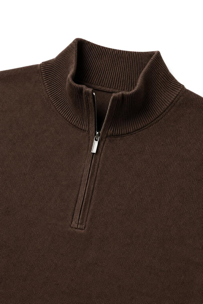 Men's Dark Brown 100% Cotton Fine Knit Quarter Zip Funnel Neck Jumper