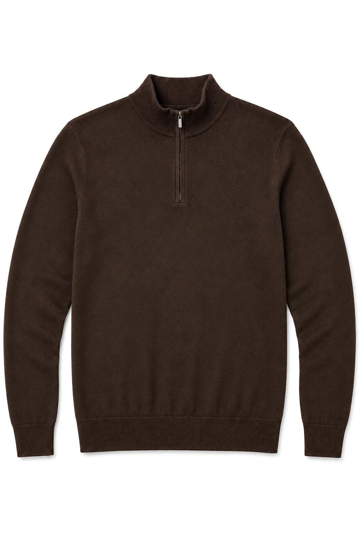 Men's Dark Brown 100% Cotton Fine Knit Quarter Zip Funnel Neck Jumper