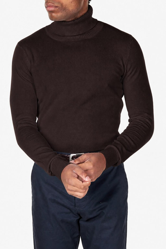 Men's Dark Brown 100% Cotton Fine Knit Roll Neck Jumper