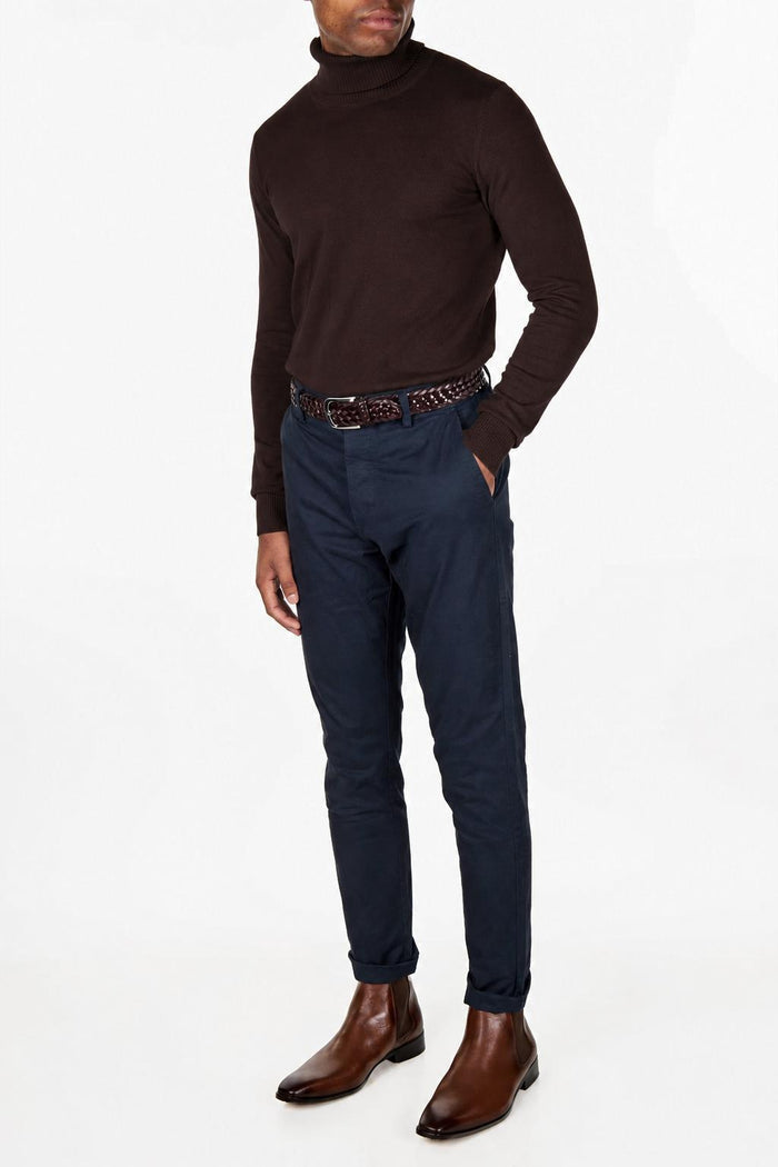 Men's Dark Brown 100% Cotton Fine Knit Roll Neck Jumper