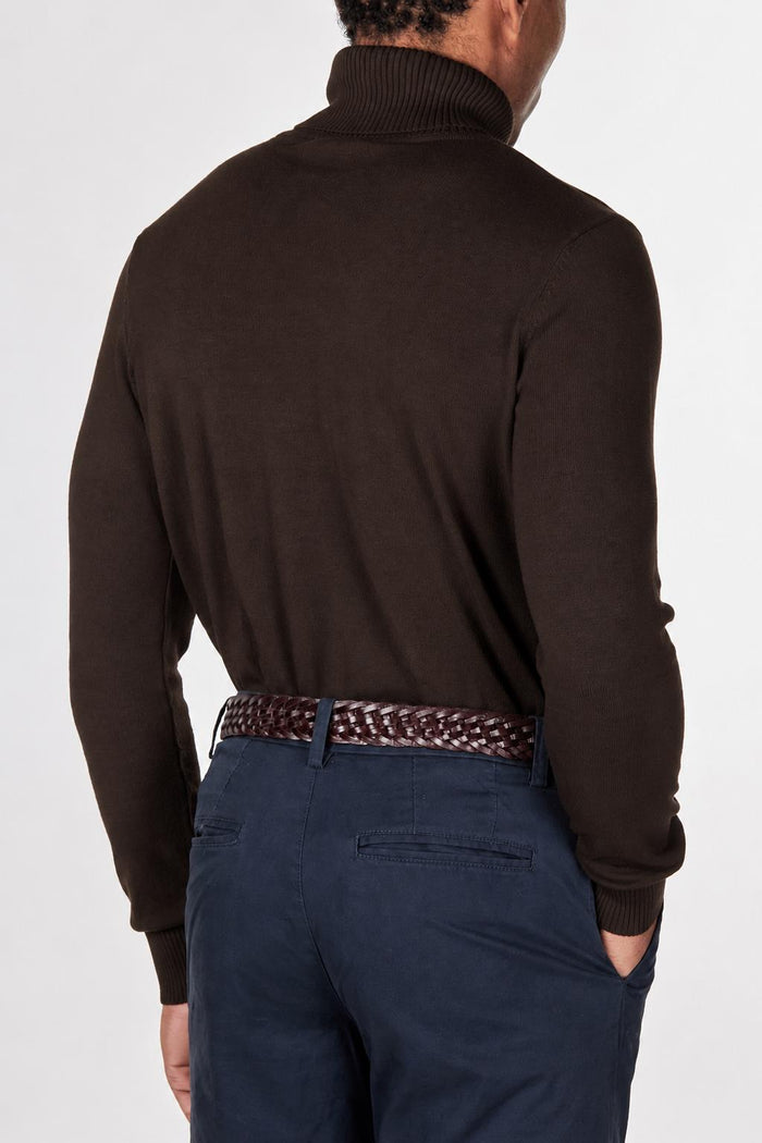 Men's Dark Brown 100% Cotton Fine Knit Roll Neck Jumper