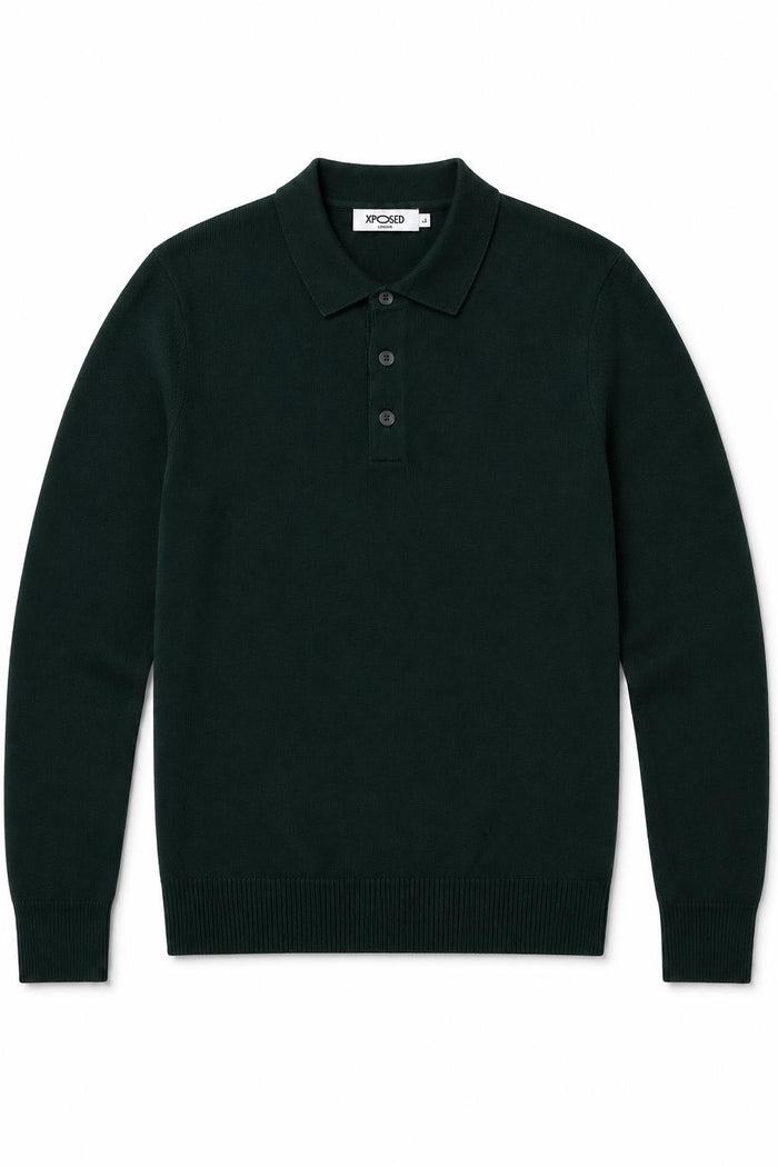 Men's Green 100% Cotton Fine Knit Button Neck Polo Jumper