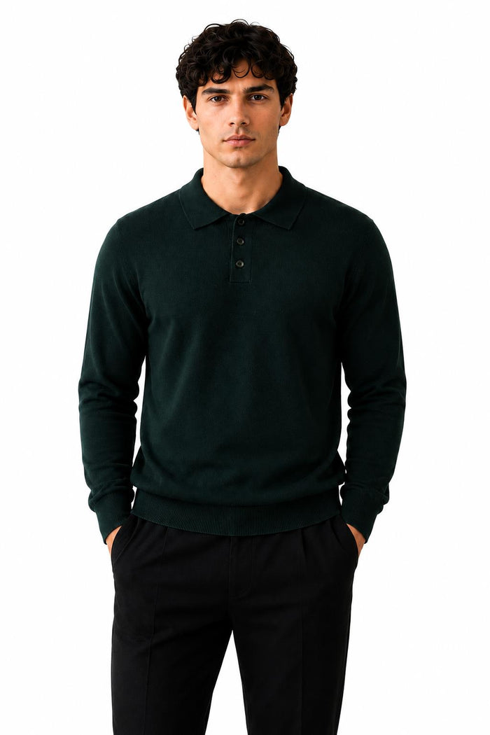 Men's Green 100% Cotton Fine Knit Button Neck Polo Jumper