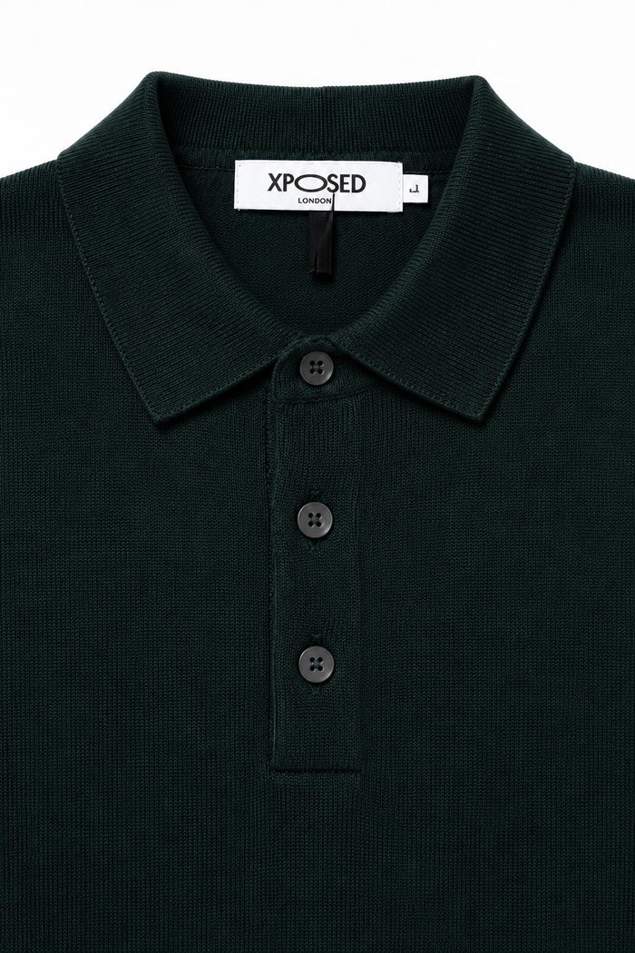 Men's Green 100% Cotton Fine Knit Button Neck Polo Jumper