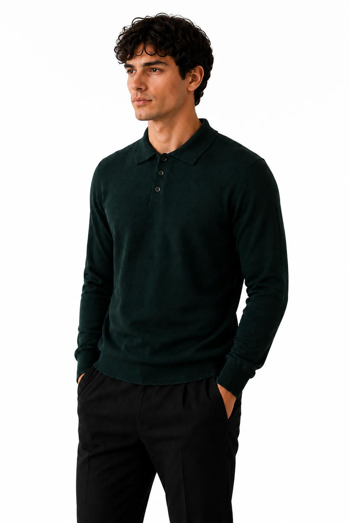 Men's Green 100% Cotton Fine Knit Button Neck Polo Jumper