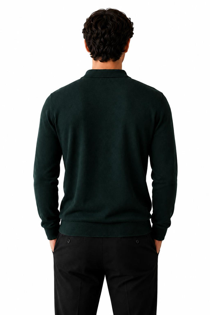 Men's Green 100% Cotton Fine Knit Button Neck Polo Jumper