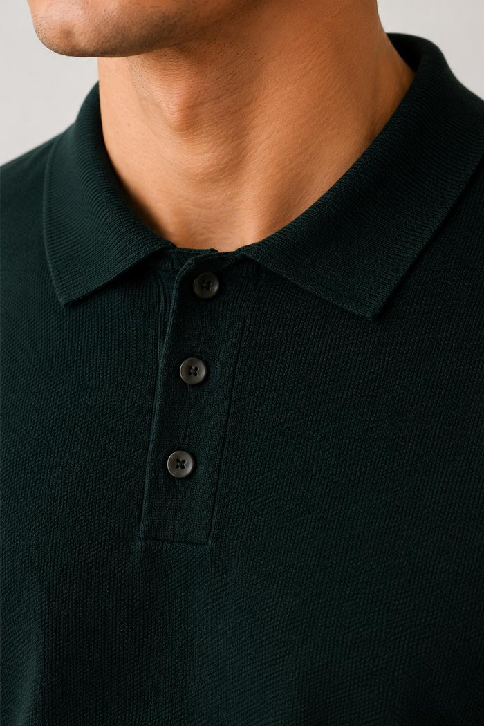 Men's Green 100% Cotton Fine Knit Button Neck Polo Jumper