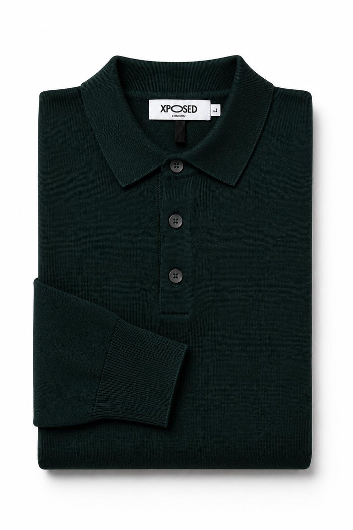 Men's Green 100% Cotton Fine Knit Button Neck Polo Jumper