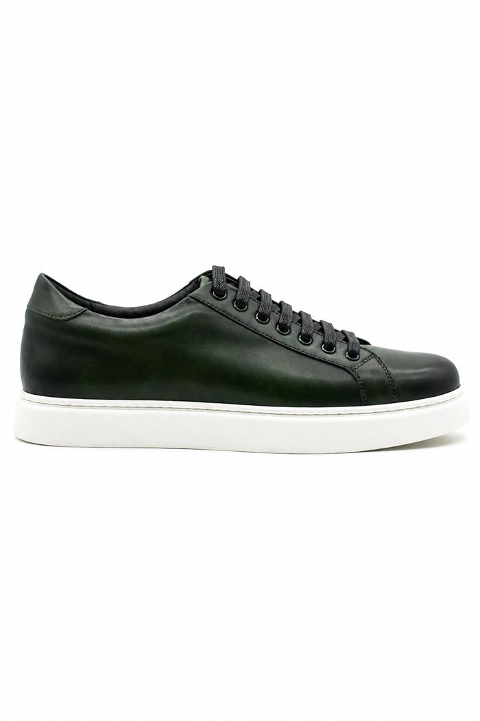 Men's Green Real Leather Lace-Up Trainers White Sole