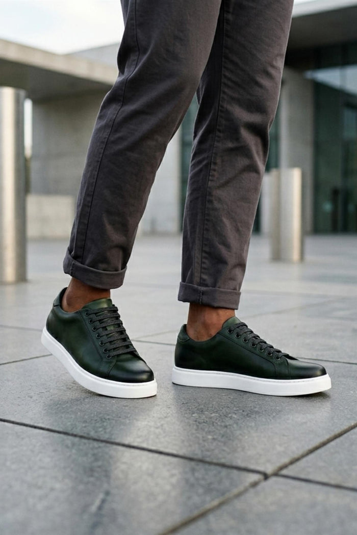Men's Green Real Leather Lace-Up Trainers White Sole