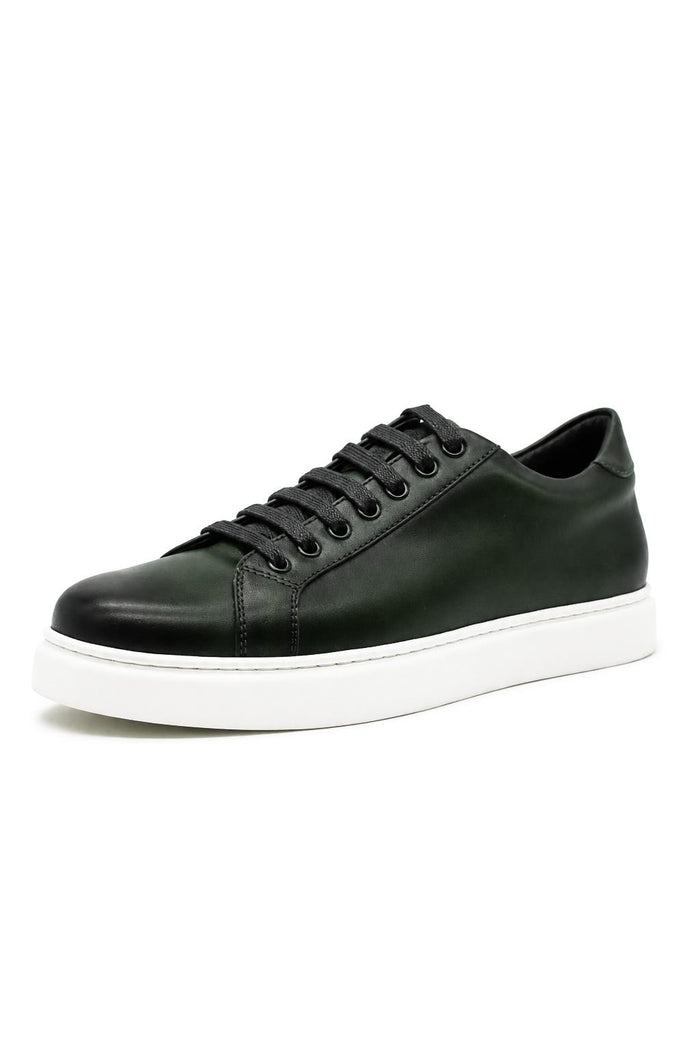 Men's Green Real Leather Lace-Up Trainers White Sole