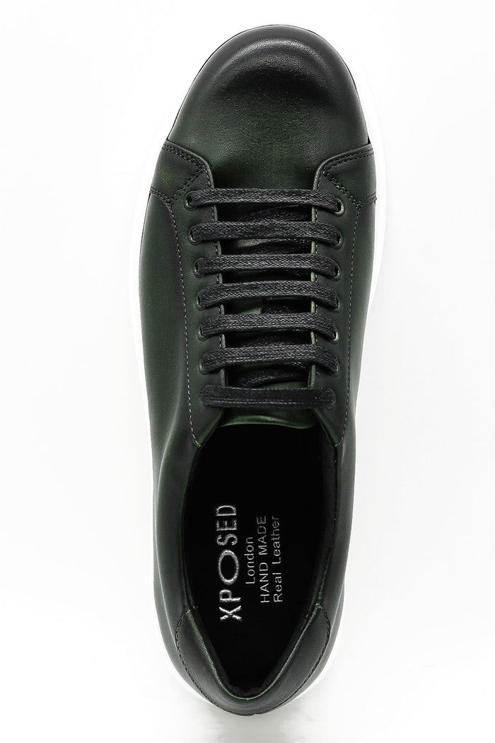 Men's Green Real Leather Lace-Up Trainers White Sole