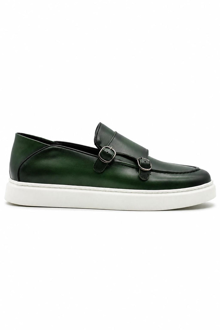 Men's Green Real Leather Monk Strap Trainers with White Sole