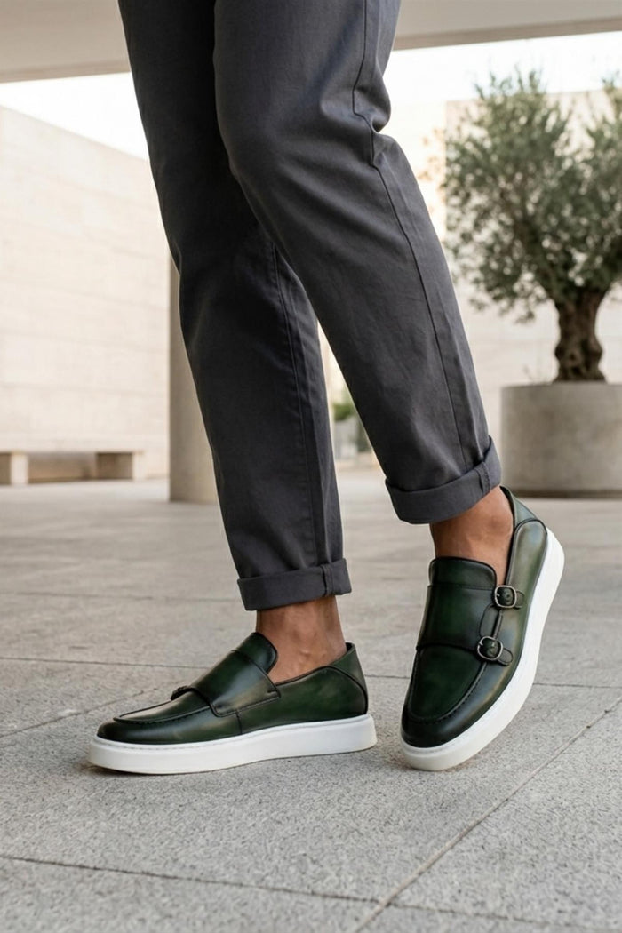 Men's Green Real Leather Monk Strap Trainers with White Sole