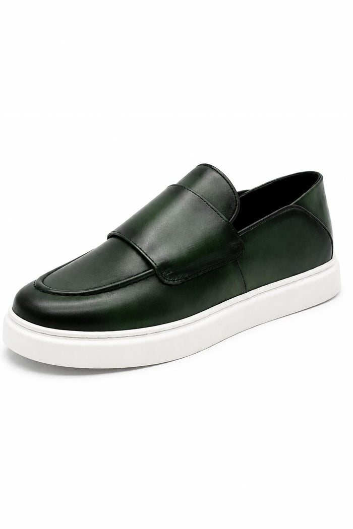 Men's Green Real Leather Monk Strap Trainers with White Sole