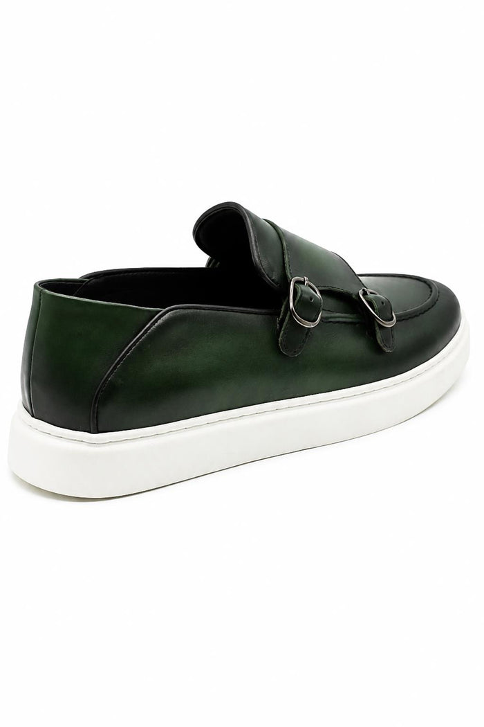 Men's Green Real Leather Monk Strap Trainers with White Sole