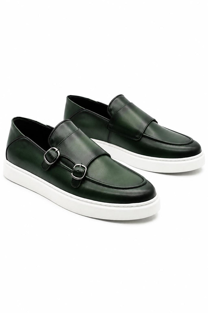 Men's Green Real Leather Monk Strap Trainers with White Sole