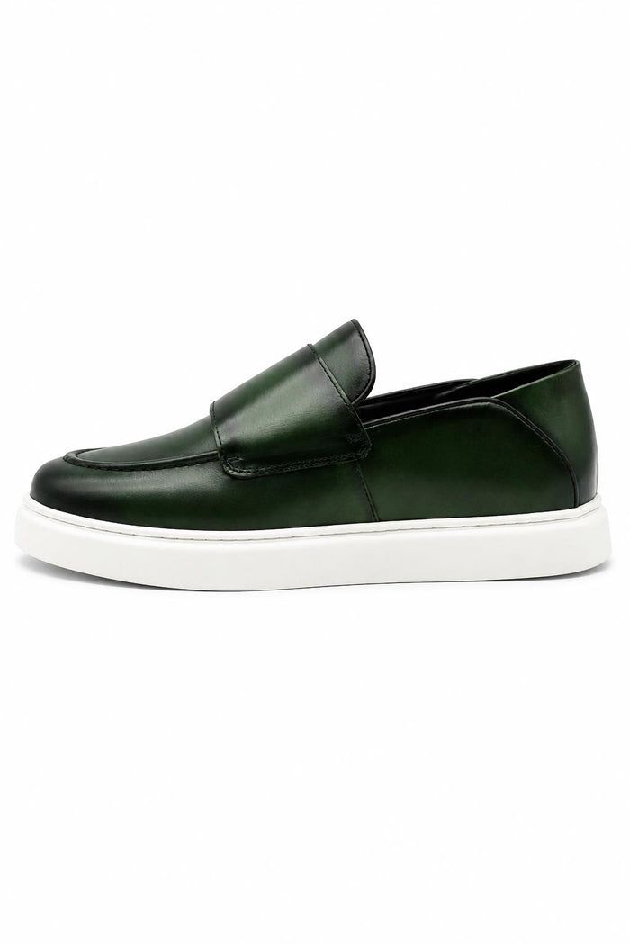 Men's Green Real Leather Monk Strap Trainers with White Sole