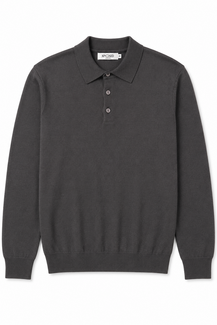 Men's Grey 100% Cotton Fine Knit Button Neck Polo Jumper