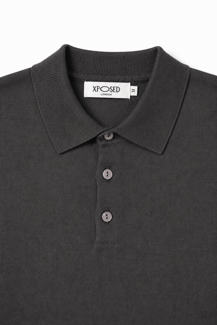 Men's Grey 100% Cotton Fine Knit Button Neck Polo Jumper