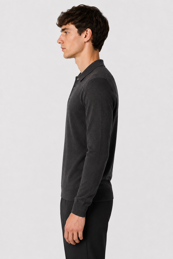 Men's Grey 100% Cotton Fine Knit Button Neck Polo Jumper