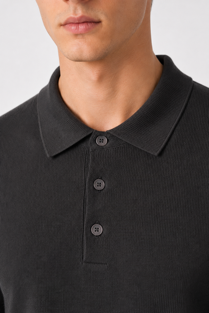 Men's Grey 100% Cotton Fine Knit Button Neck Polo Jumper
