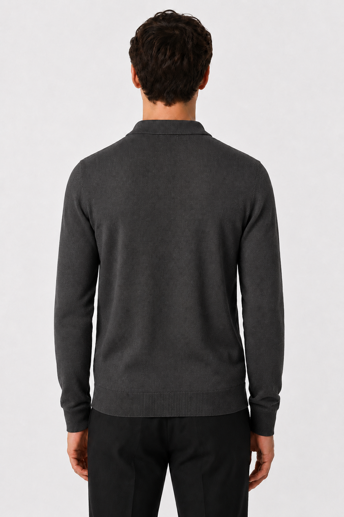Men's Grey 100% Cotton Fine Knit Button Neck Polo Jumper