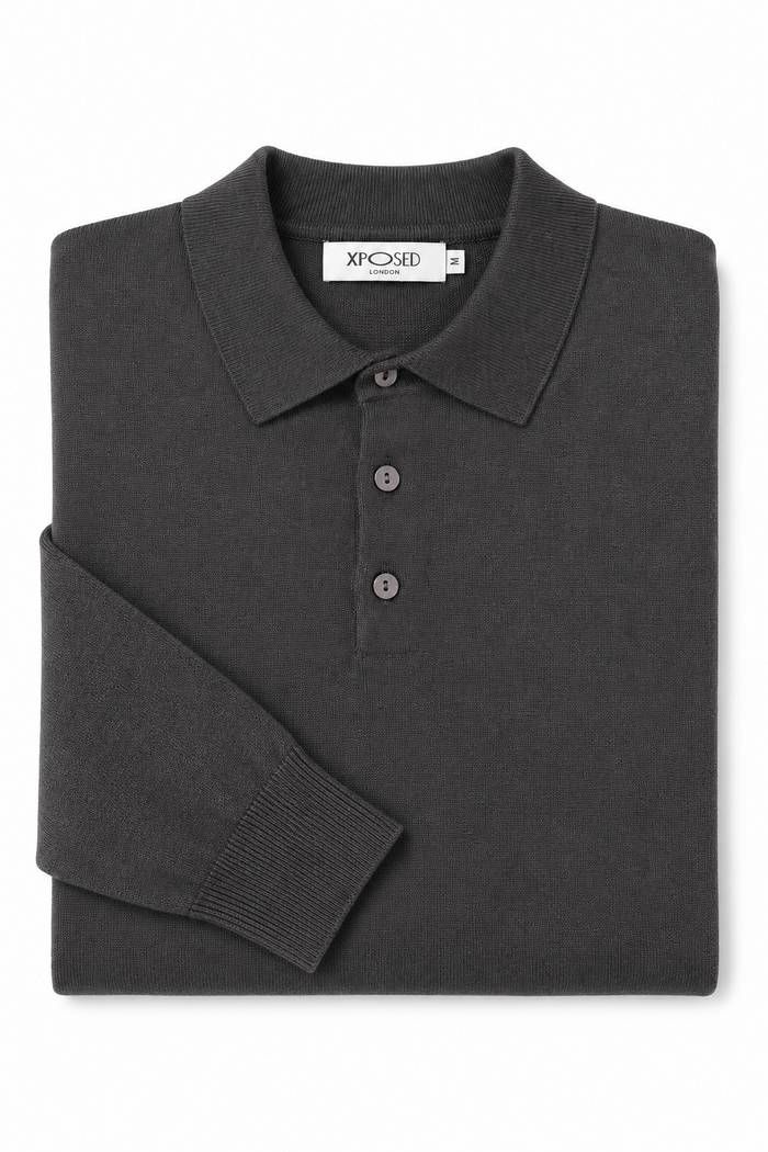 Men's Grey 100% Cotton Fine Knit Button Neck Polo Jumper