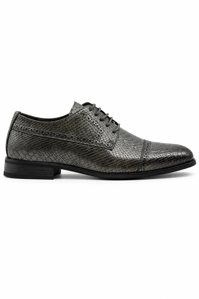 Men's Grey Embossed Faux Leather Lace up Derby Shoes