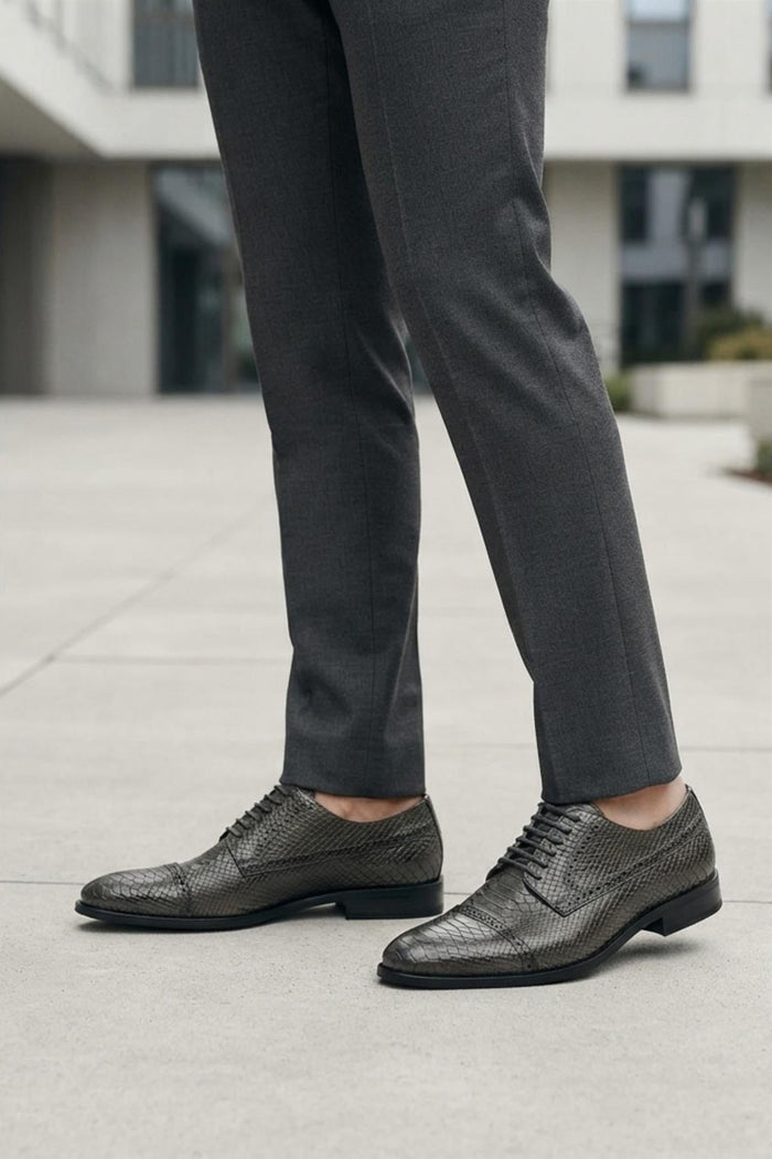 Men's Grey Embossed Faux Leather Lace up Derby Shoes
