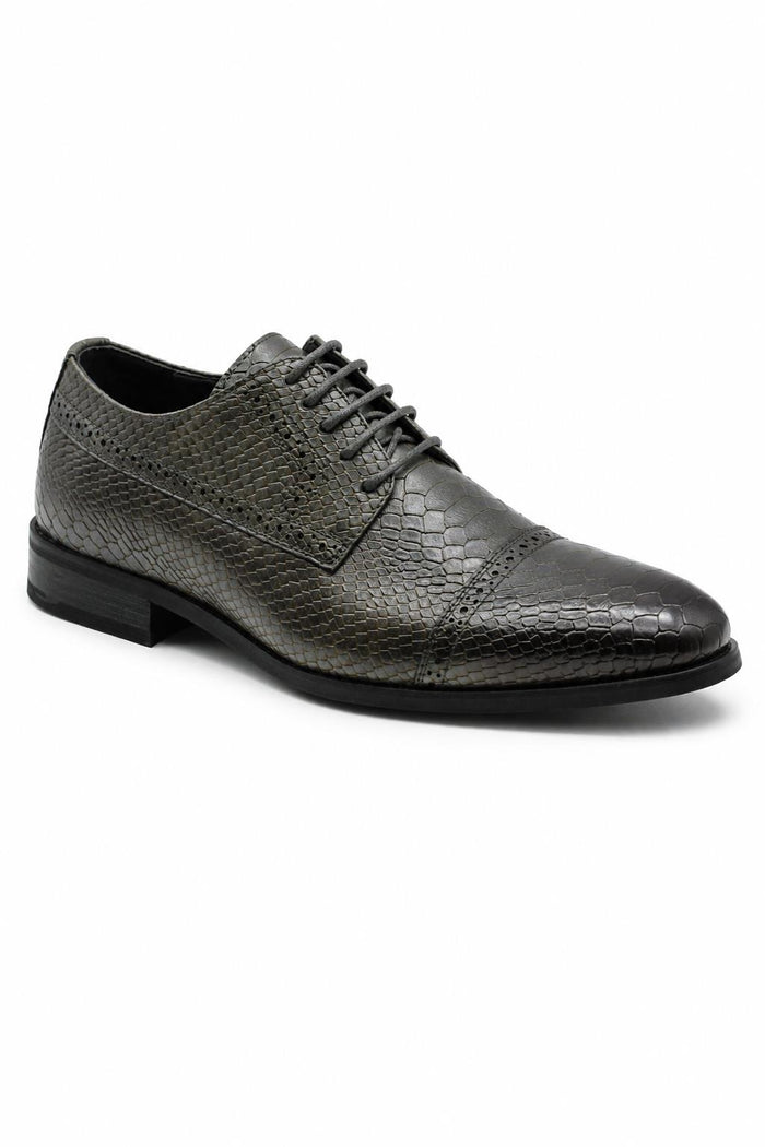 Men's Grey Embossed Faux Leather Lace up Derby Shoes