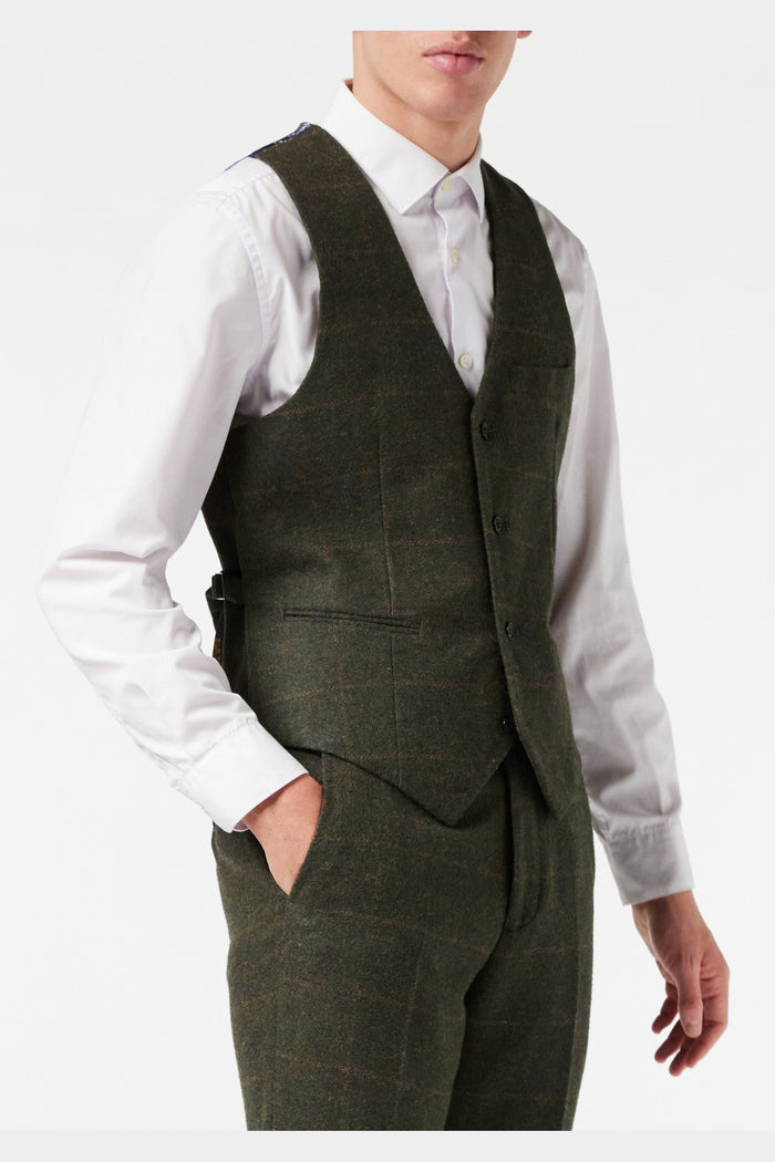 MENS HERRINGBONE TAN TWEED CHECK OLIVE GREEN PEAKY BLINDERS WAISTCOAT