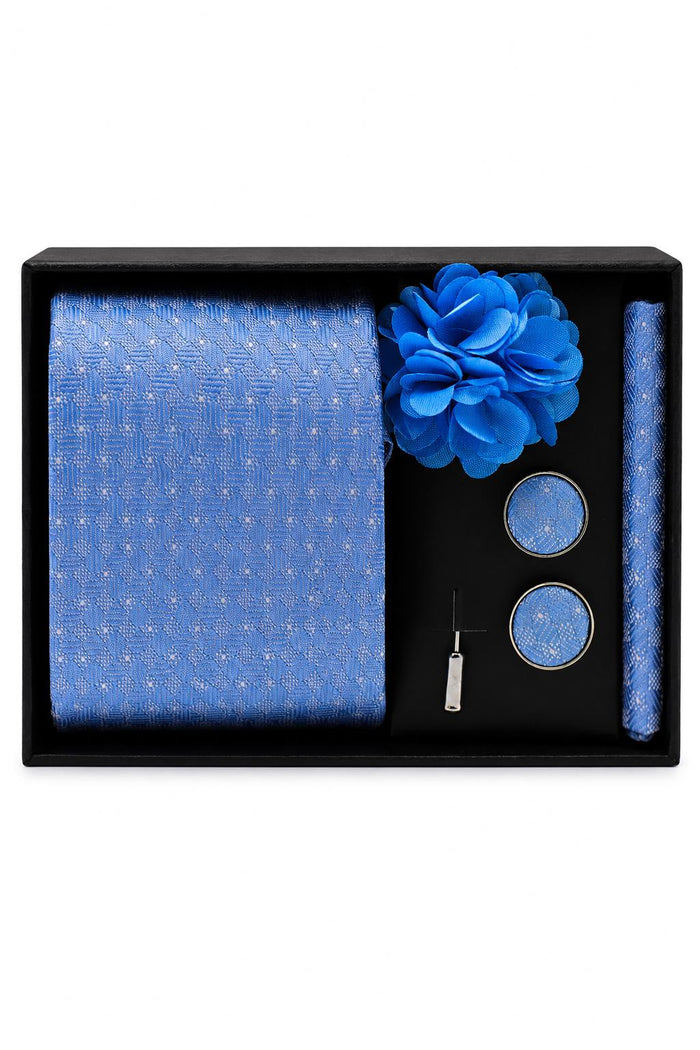 Men’s Light Blue Mini Check Patterned 4-Piece Tie Gift Set