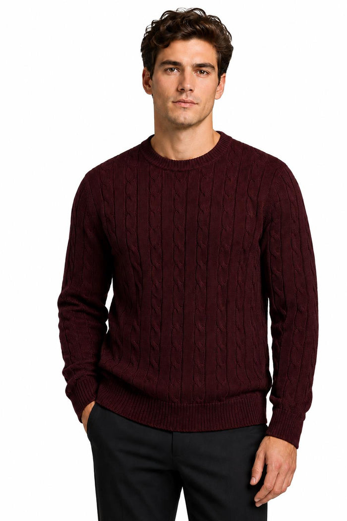 Men's Maroon 100% Cotton Fine Cable Knit Crew Neck Jumper