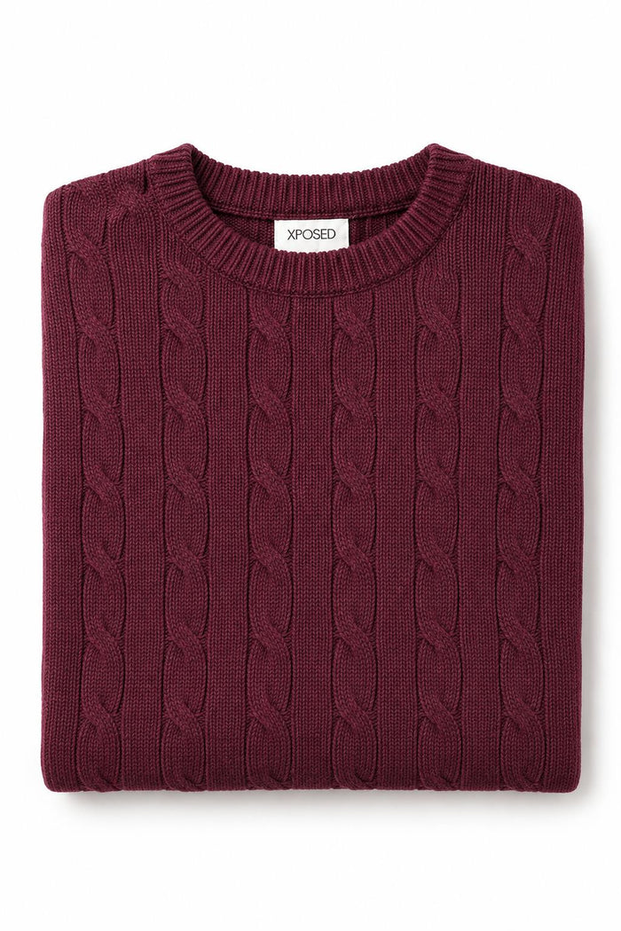 Men's Maroon 100% Cotton Fine Cable Knit Crew Neck Jumper