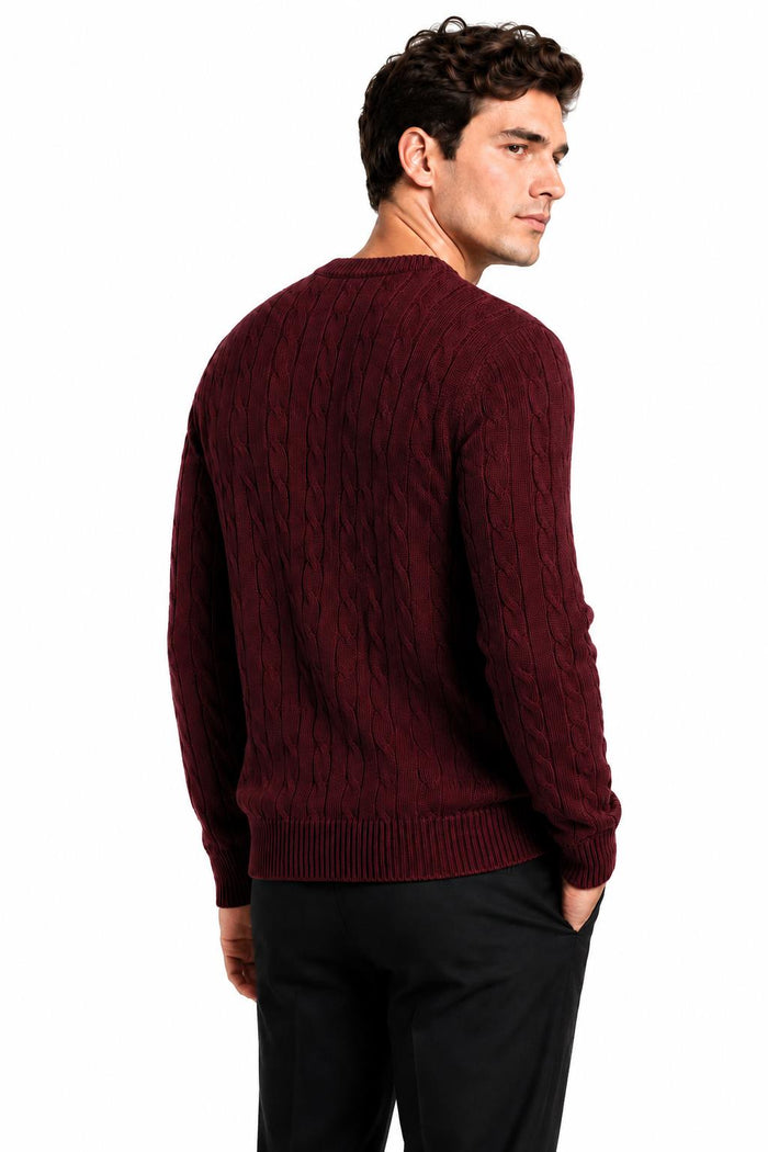 Men's Maroon 100% Cotton Fine Cable Knit Crew Neck Jumper