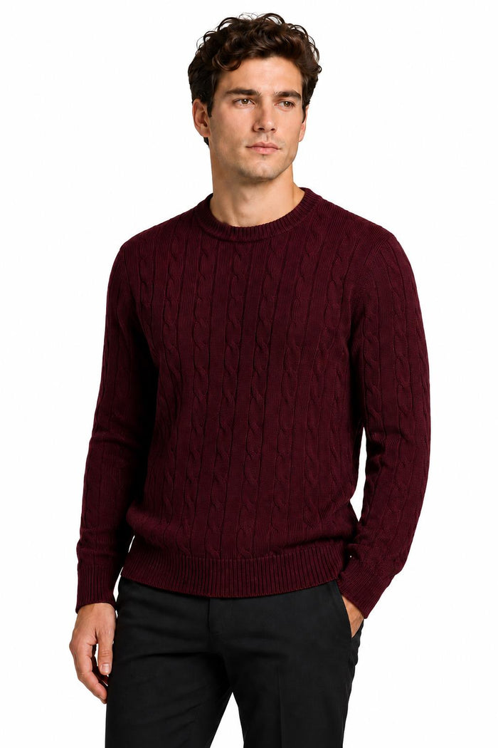 Men's Maroon 100% Cotton Fine Cable Knit Crew Neck Jumper