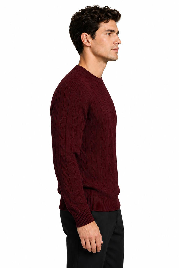Men's Maroon 100% Cotton Fine Cable Knit Crew Neck Jumper