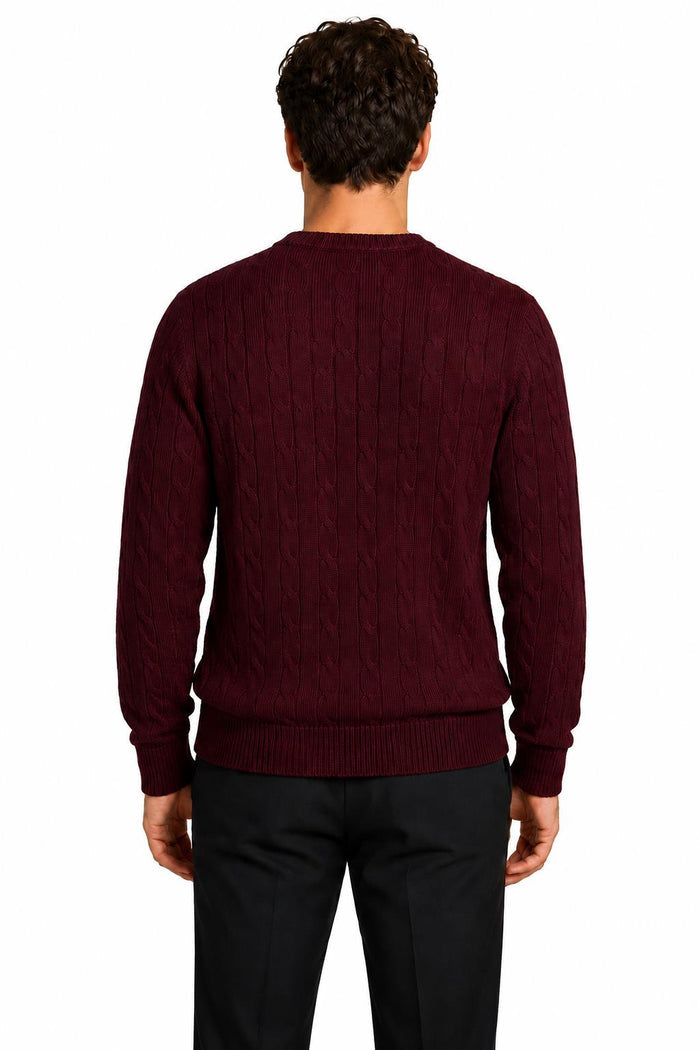 Men's Maroon 100% Cotton Fine Cable Knit Crew Neck Jumper